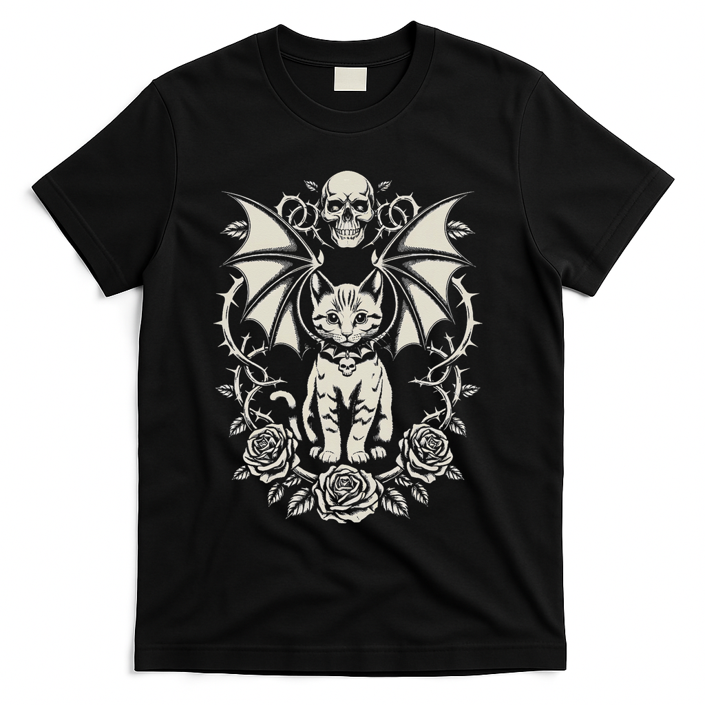 Black Cat Goth Kitten Halloween Skulls Rose Mom Dad T-Shirt product image 1