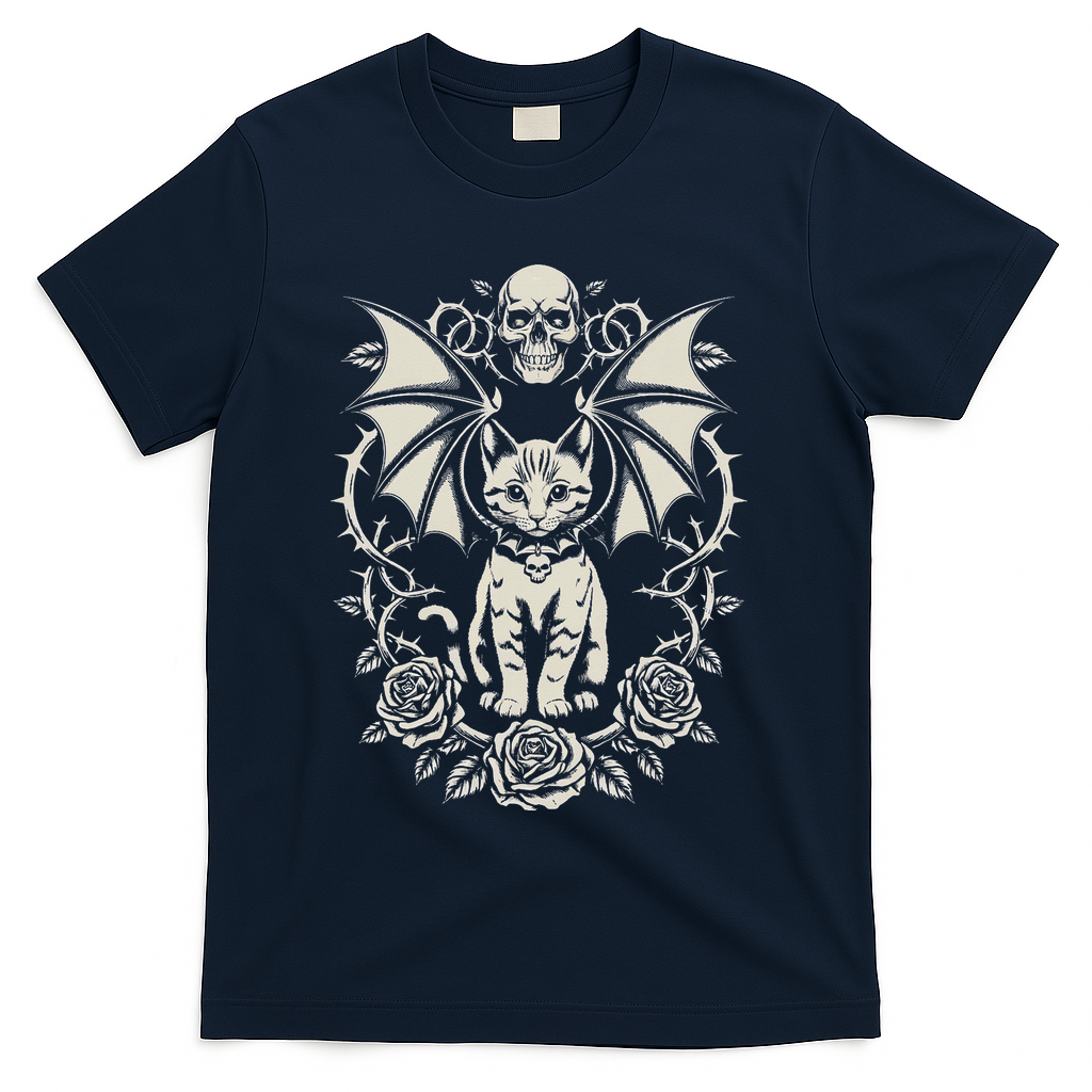 Black Cat Goth Kitten Halloween Skulls Rose Mom Dad T-Shirt product image 3