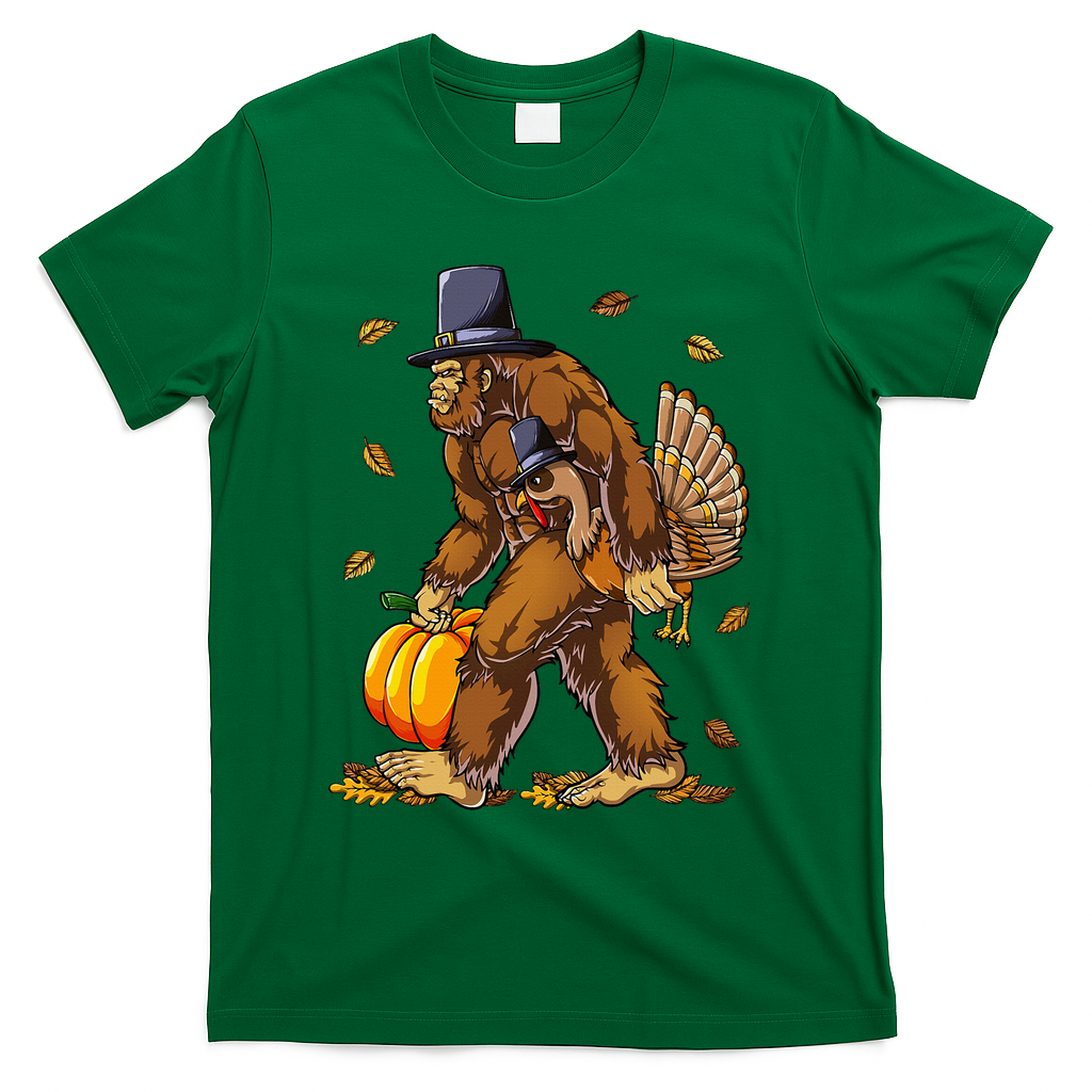 Bigfoot Pilgrim Turkey Pumpkin Thanksgiving Day T-Shirt product image 4
