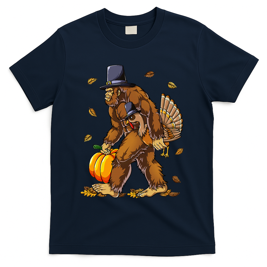 Bigfoot Pilgrim Turkey Pumpkin Thanksgiving Day T-Shirt product image 3