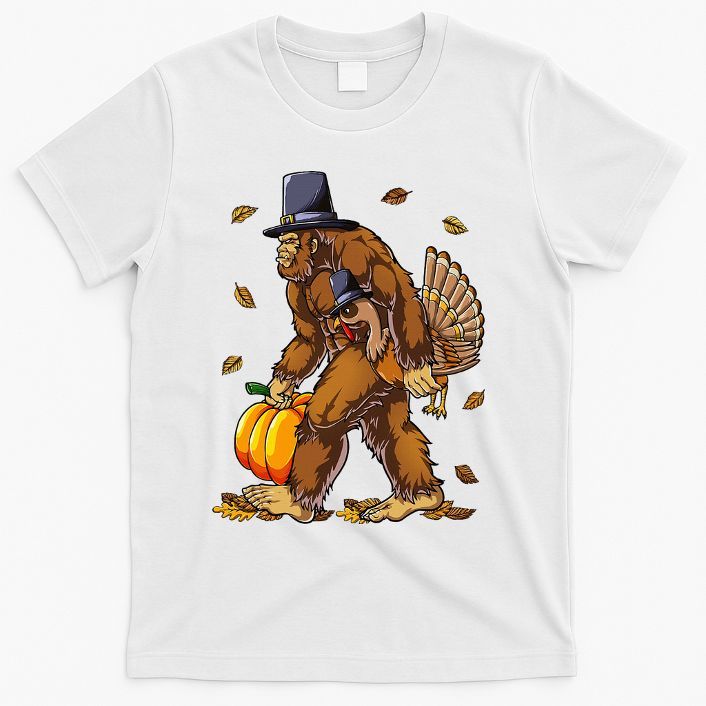 Bigfoot Pilgrim Turkey Pumpkin Thanksgiving Day T-Shirt product image 2