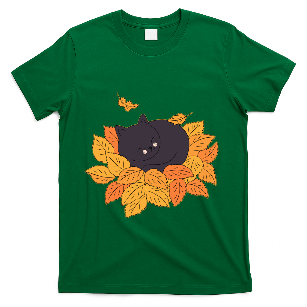 Cute Autumn Fall Sleeping Black Kitty Leaves T-Shirt product image 4