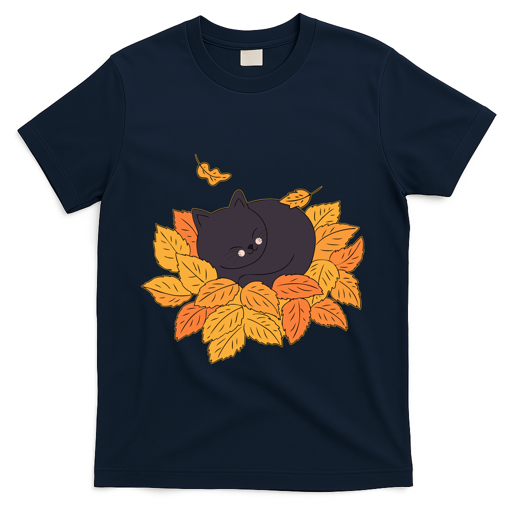 Cute Autumn Fall Sleeping Black Kitty Leaves T-Shirt product image 3