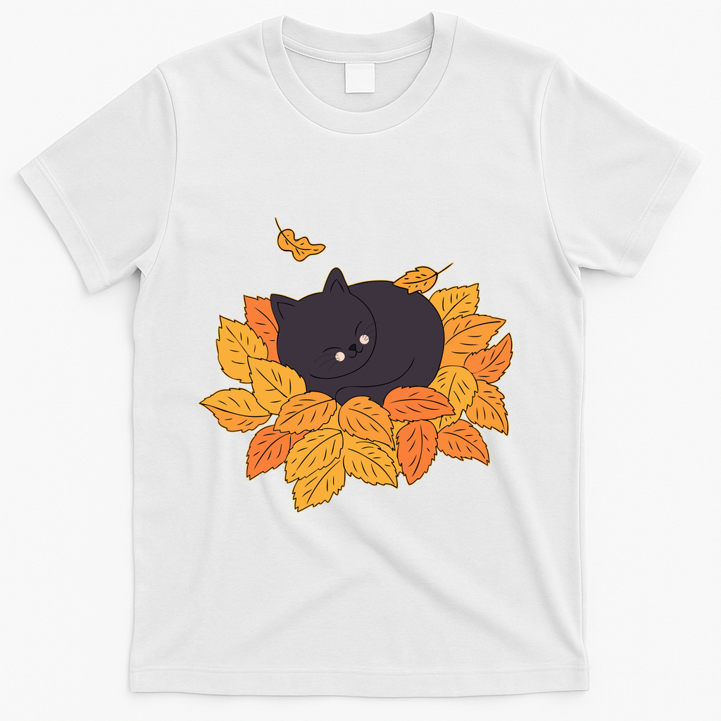 Cute Autumn Fall Sleeping Black Kitty Leaves T-Shirt product image 2