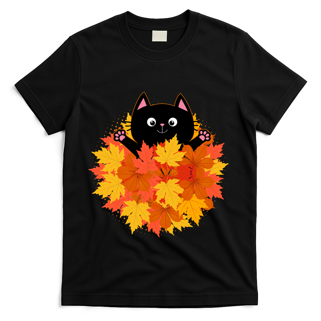 Cute Happy Black Cat Fall Autumn Leaves T-Shirt product image 1