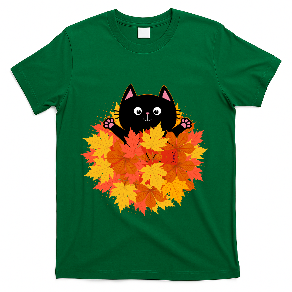 Cute Happy Black Cat Fall Autumn Leaves T-Shirt product image 4