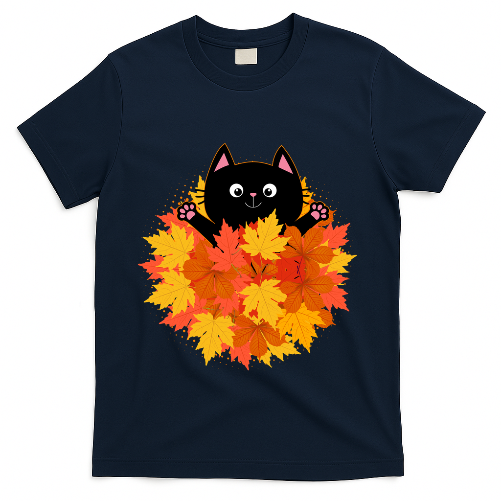 Cute Happy Black Cat Fall Autumn Leaves T-Shirt product image 3