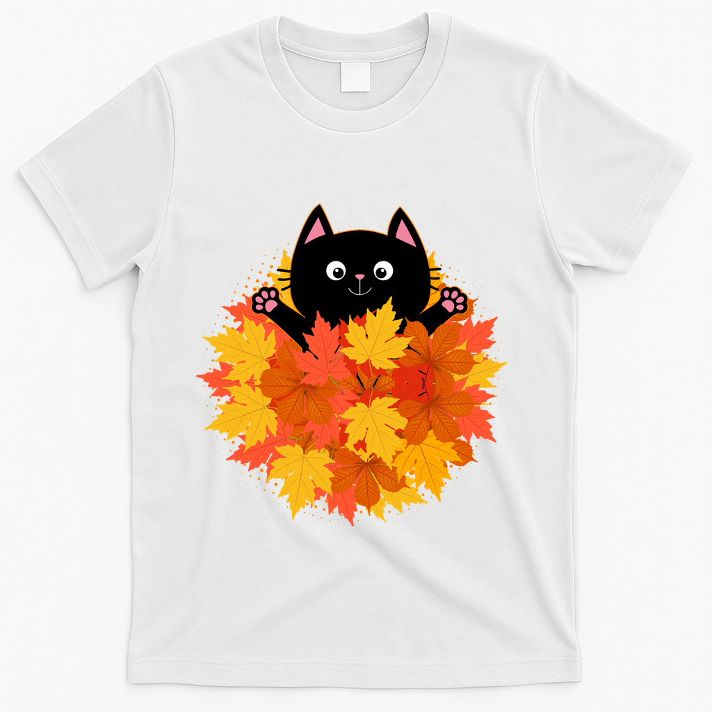 Cute Happy Black Cat Fall Autumn Leaves T-Shirt product image 2