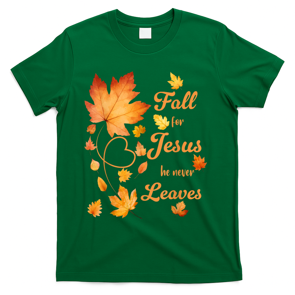Fall For Jesus He Never Leave Beautiful Leaves T-Shirt product image 4