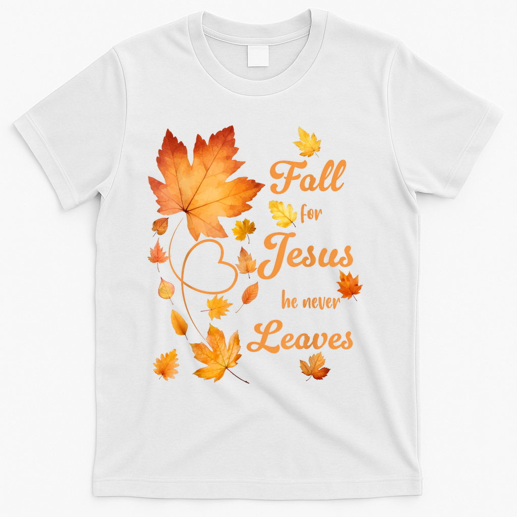 Fall For Jesus He Never Leave Beautiful Leaves T-Shirt product image 2