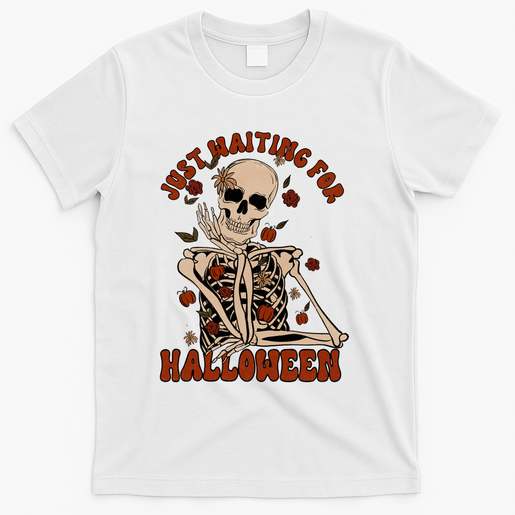 Just Waiting For Halloween Skeleton Fall Spooky T-Shirt product image 2