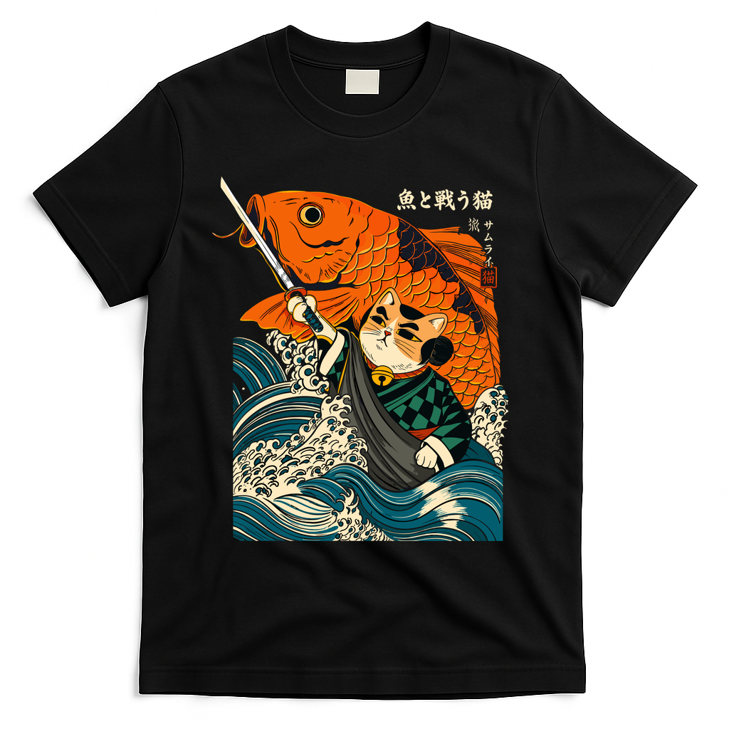 Samurai Cat And Koi Fish Anime T-Shirt product image 1