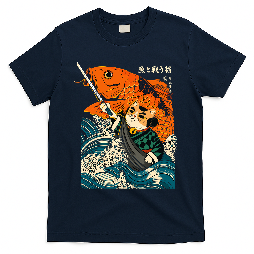 Samurai Cat And Koi Fish Anime T-Shirt product image 3