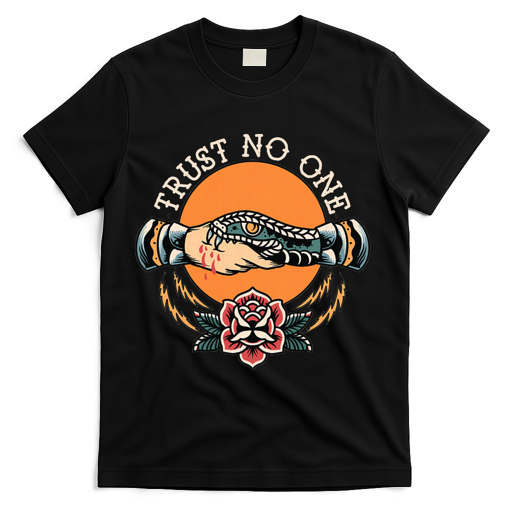 Trust No One Handshake Snake Traditional Tattoo Art T-Shirt product image 1