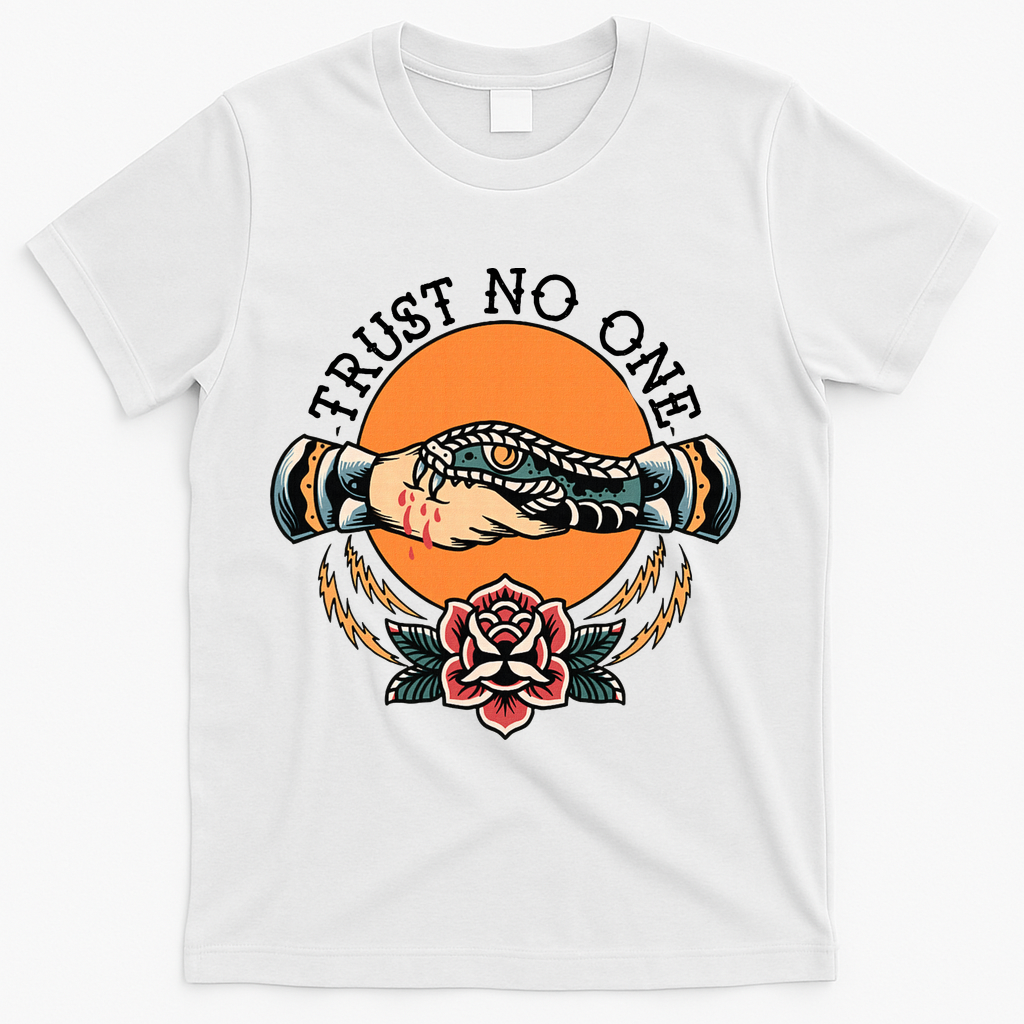 Trust No One Handshake Snake Traditional Tattoo Art T-Shirt product image 2